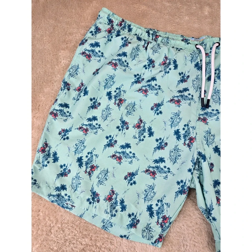 Ocean Coast Big & Tall‎ Mens 2XLT Swim Trunks Tropical Palm Hibiscus Aqua Blue